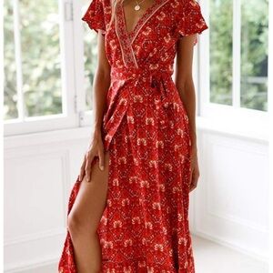 Red Floral Wrap Dress